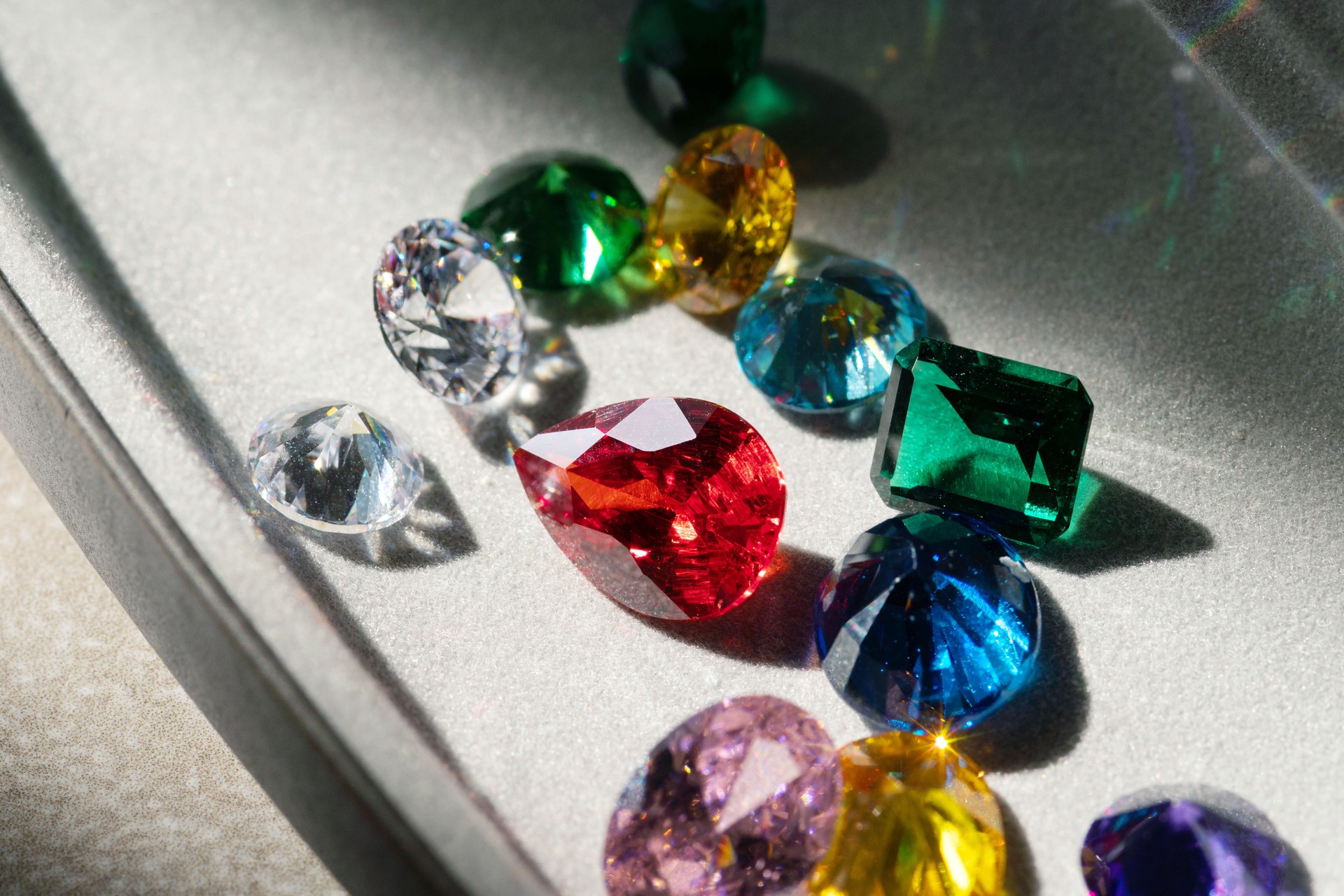 Jewel or gems on white background, Collection of many different natural gemstones